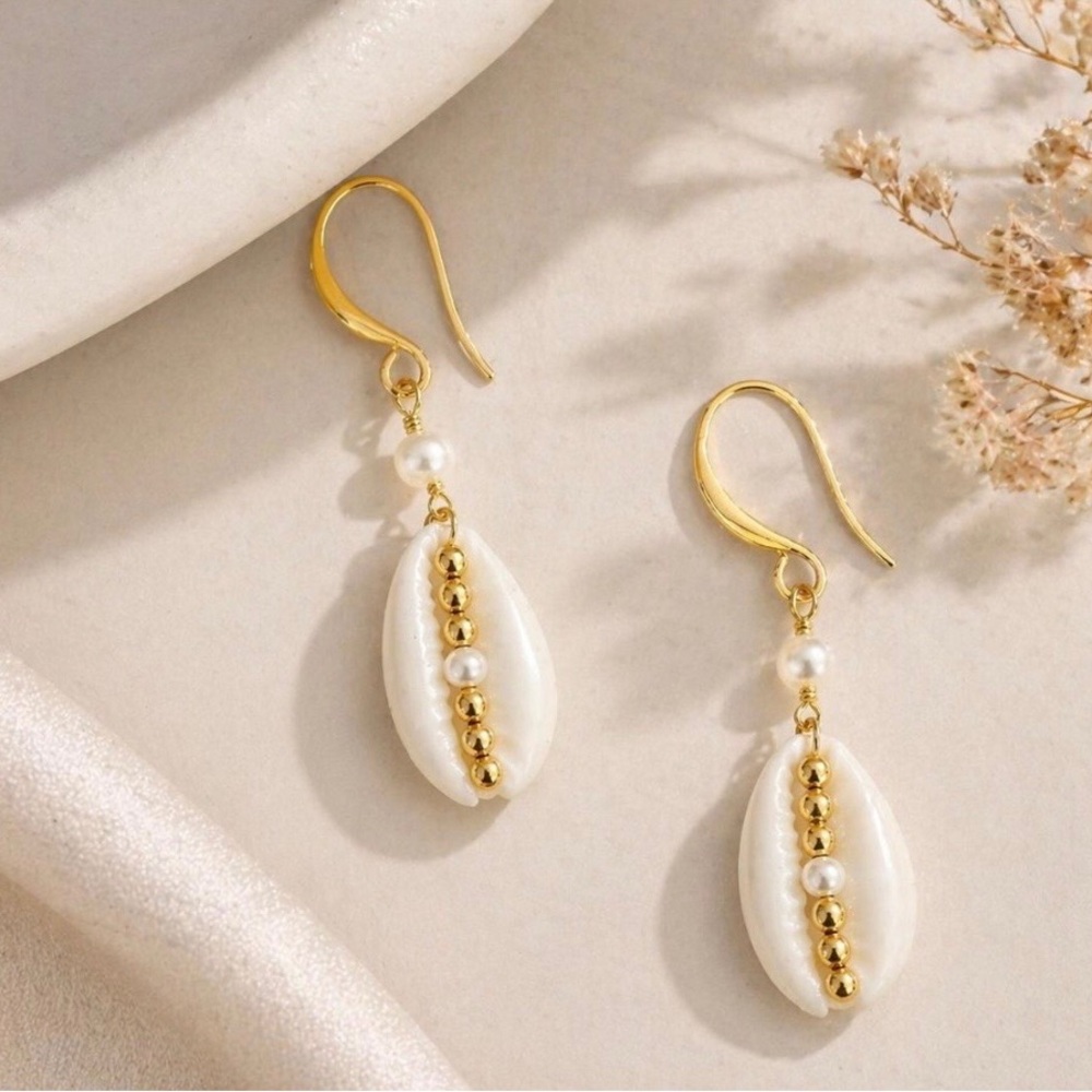Gold Plated and White Pearl Drop Shell Earrings